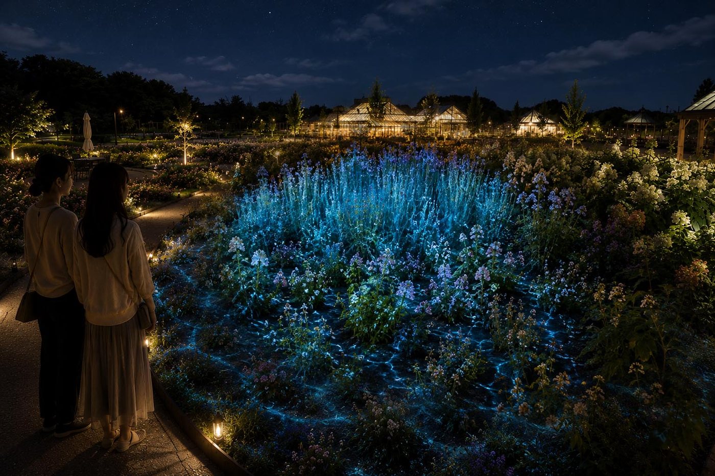 青い光に包まれた夜の花壇を眺める来園者